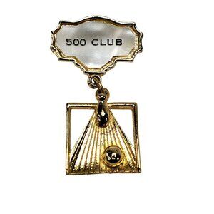 VTG Gold-Tone 500 Club Bowling Pin & Ball Lapel Pin With Dangling Charm